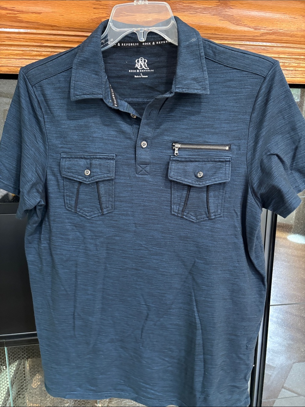 Rock & Republic heather Blue Short Sleeve Polo with Chest Pockets cotton blend L
